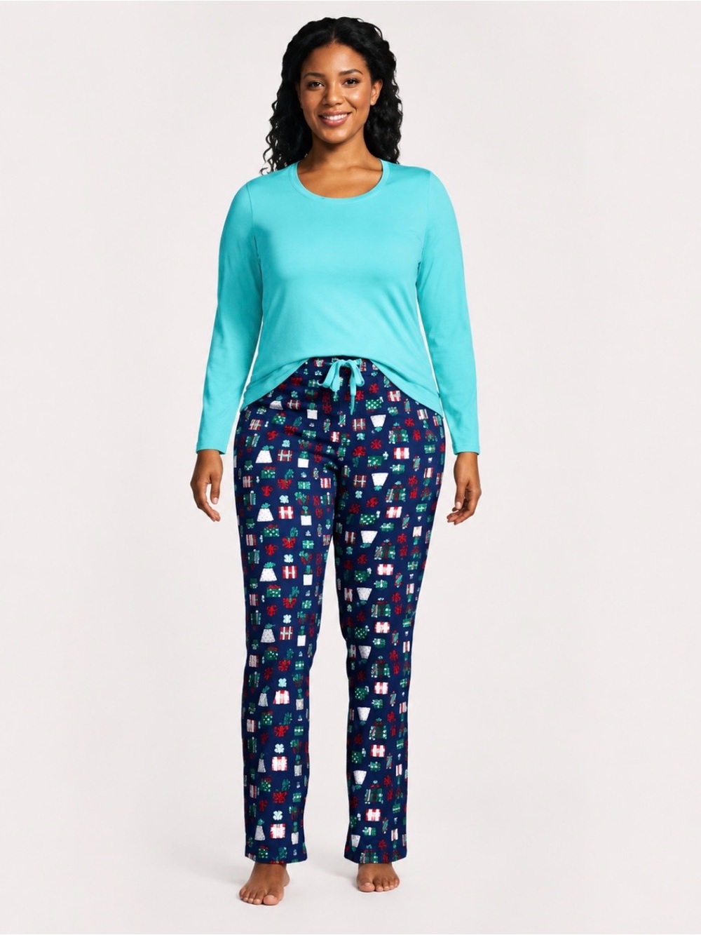 🔥LandsEnd WOMENS PJ SET Knit Tee Shirt Top & Cotton Flannel Pants Navy & Aqua